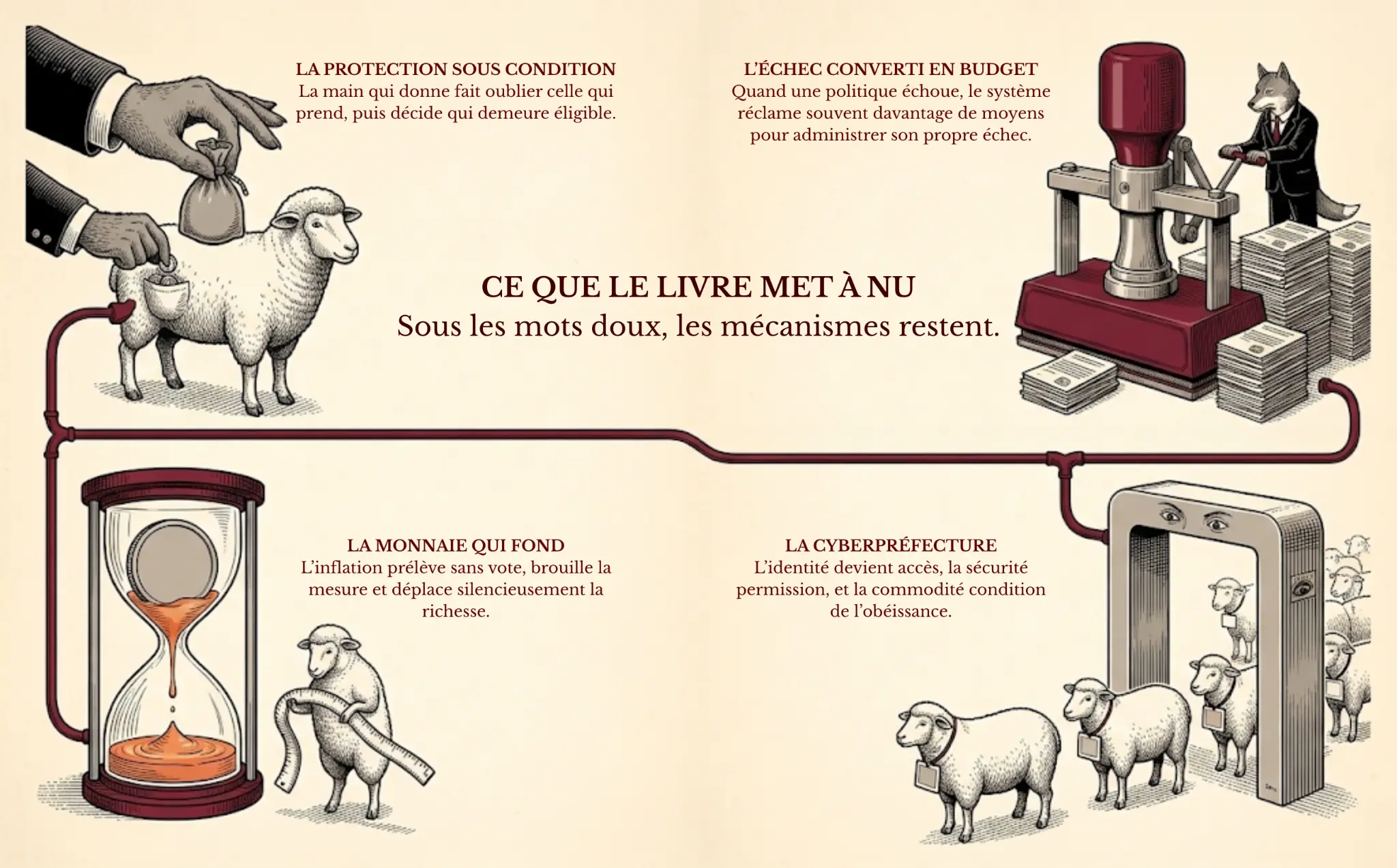 Quatre mécanismes que le livre met à nu.