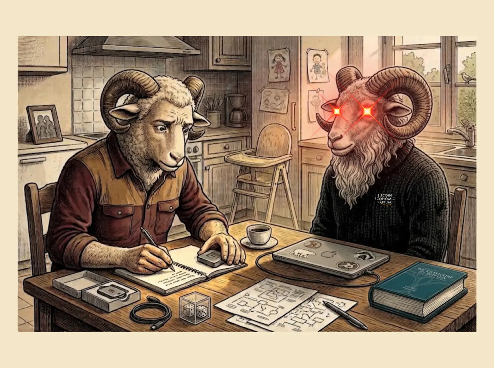 Le Bitcoiner, bélier barbu en pull noir, accompagne Nicolas dans la manipulation d’un portefeuille matériel.