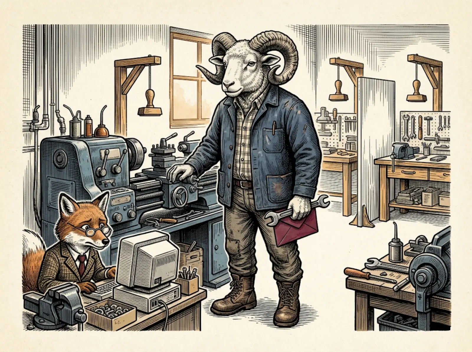 Martin se tient dans son atelier auprès de sa machine-outil et d’un dossier de conformité.