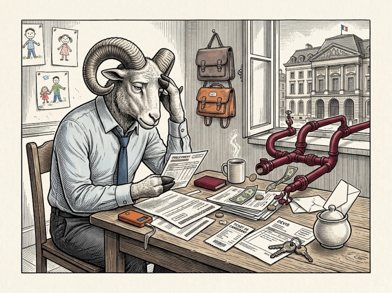 Nicolas, en chemise bleue et cravate, examine ses factures et ses prélèvements à la table familiale.