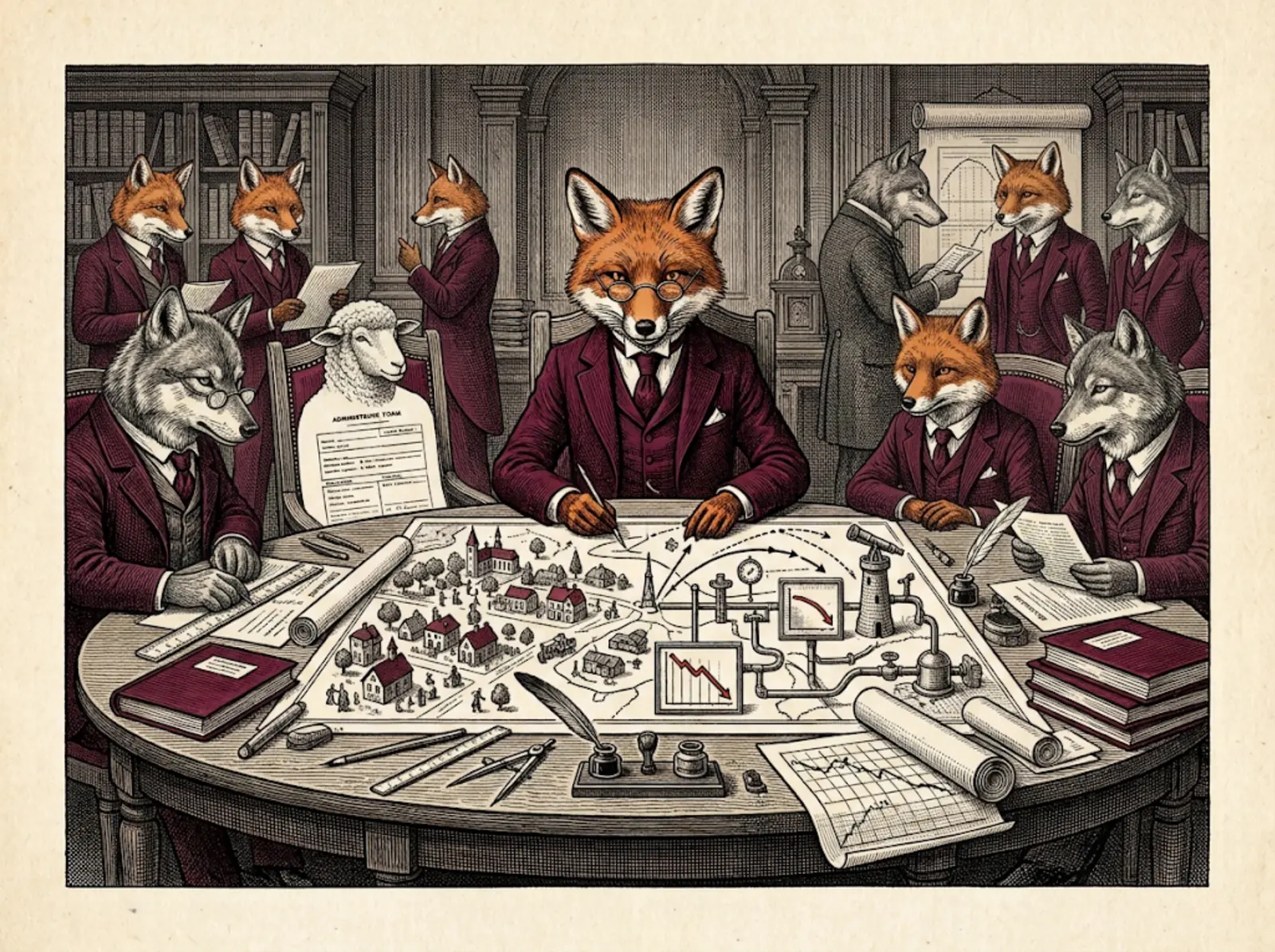 Des technocrates organisent une société miniature à partir de tableaux, de plans et d’indicateurs.