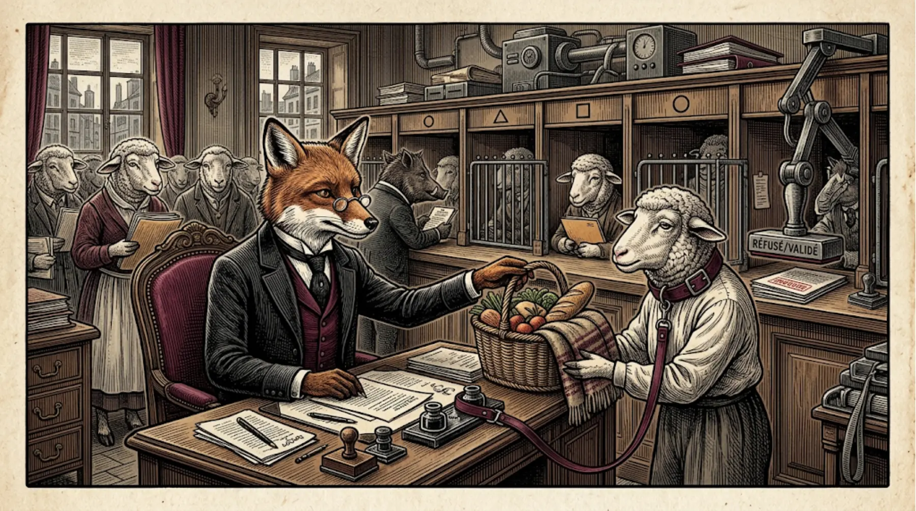 Un renard administratif tend un panier d’aide à un mouton dont le collier reste attaché au guichet.