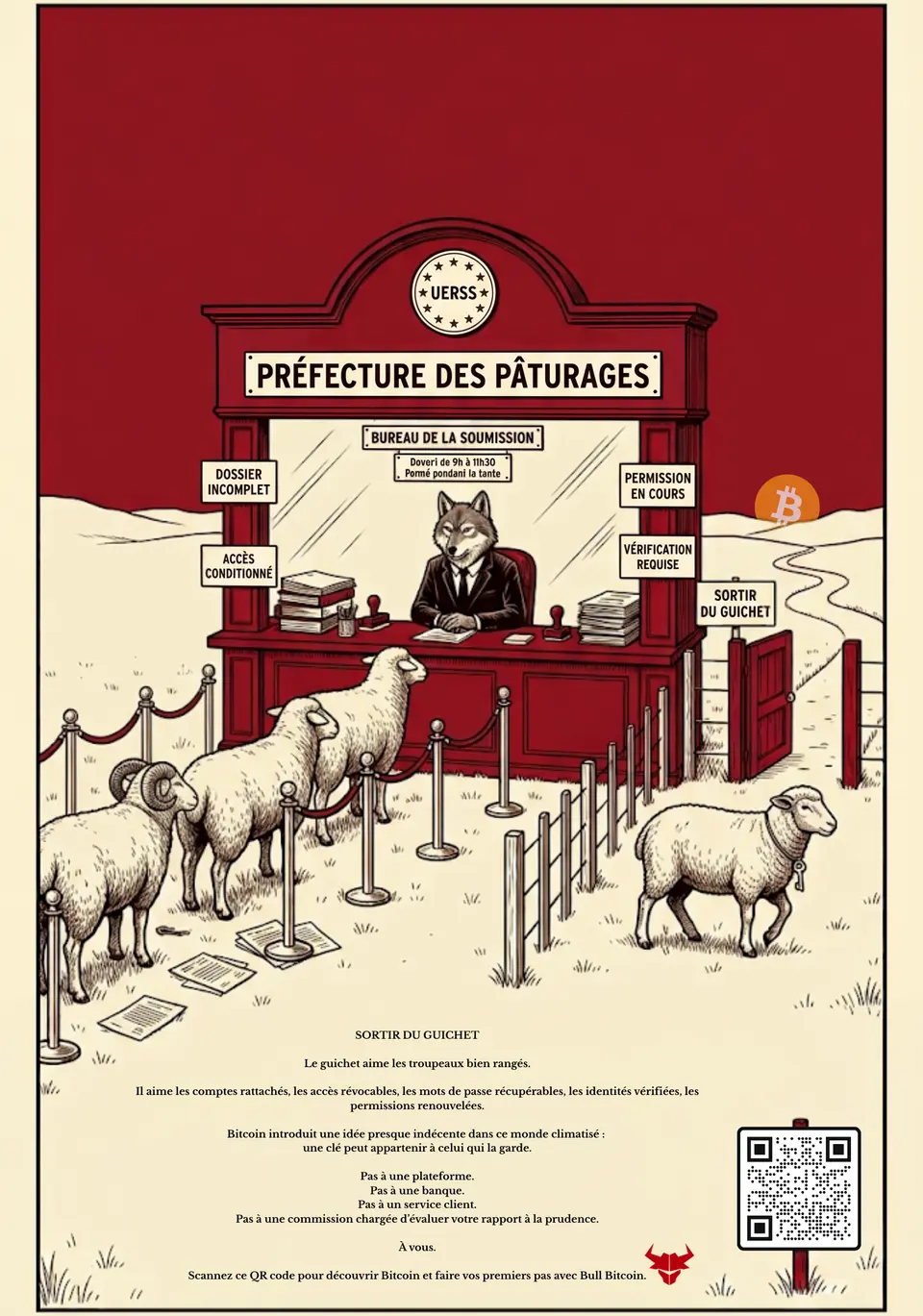 Une brebis se sépare du troupeau vers un paysage ouvert.