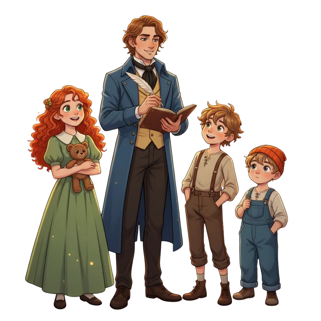 Fred, Lina, Tom et Milo dans le village